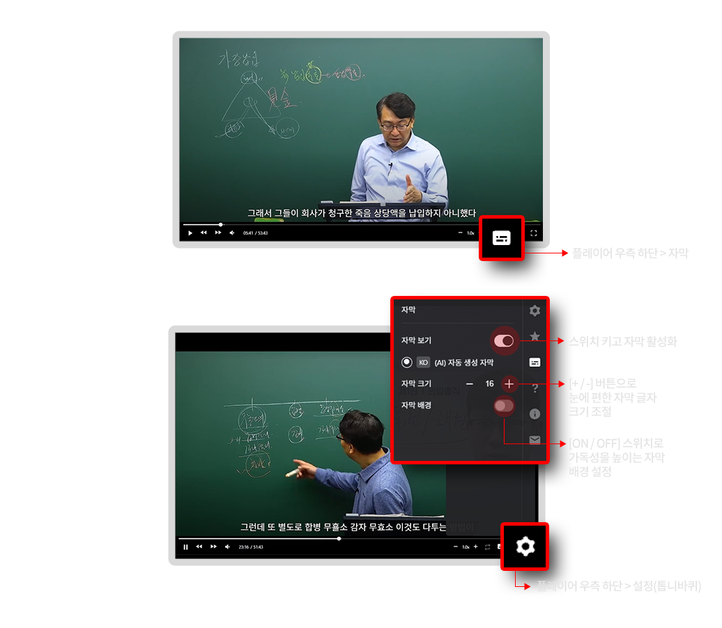 플레이어 우측 하단 > 자막: 스위치 키고 자막 활성화, 플레이어 우측 하단 > 설정(톱니바퀴): [+ / -] 버튼으로 눈에 편한 자막 글자 크기 조절, [ON / OFF] 스위치로 가독성을 높이는 자막 배경 설정